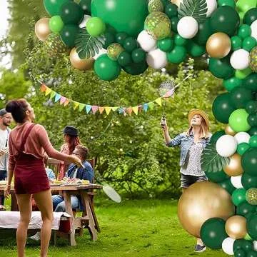 Amandir 163Pcs Jungle Party Balloons Garland Arch Kit, Gold Green Balloons Dinosaur Party Decoration with Palm Leaves for Safari Animal Wild One Birthday Baby Shower St Patricks Day Party Supplies