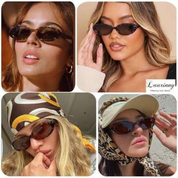 Laurinny Small Oval Sunglasses for Women Men Trendy 90s Retro Leopard Black Skinny Glasses