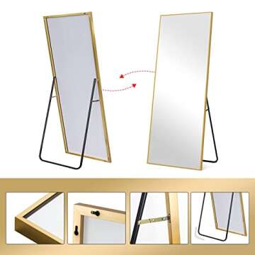NeuType Full Length Mirror, 64" x 21" Aluminum Alloy Frame Floor Mirror with Stand, Large Bedroom Mirror, Free Standing or Wall Mounted or Leaning Against Wall, Gold