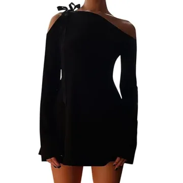 HYPERFIRE Women's Shoulder Tie Long Sleeve Asymmetrical Dress - Chic Mini Cocktail Dress in Black