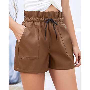 QIANXIZHAN Women's Leather Shorts, Faux High Waisted Wide Leg Sexy Shorts Brown M