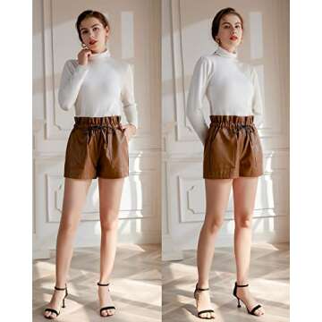 QIANXIZHAN Women's Leather Shorts, Faux High Waisted Wide Leg Sexy Shorts Brown M