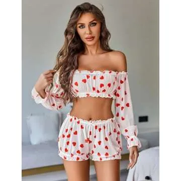 Avidlove Lingerie Sets for Women Sexy Long Sleeve Off Shoulder Ruffle Bra and Panty Set White Love Heart Small