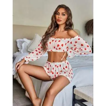 Avidlove Lingerie Sets for Women Sexy Long Sleeve Off Shoulder Ruffle Bra and Panty Set White Love Heart Small