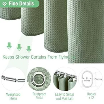 Dynamene Extra Long Shower Curtain,96 Inches Long Waffle Weave Heavy Duty Thick Fabric Bathroom Shower Curtain, Heavy Duty Weighted Hotel Bath Curtain Set with 12 Plastic Hooks,72x96,Sage Green
