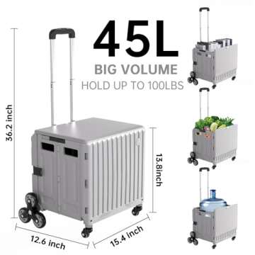 Foldable Utility Cart Stair Climber Wheeled, Collapsible Rolling Crate with Telescoping Handle, Stai...