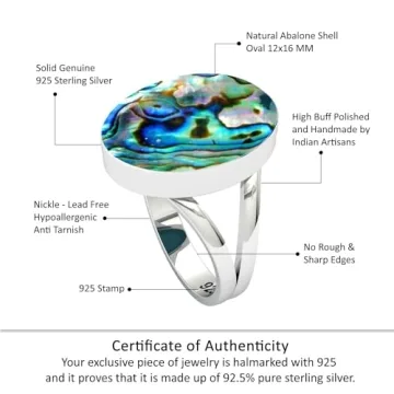 Genuine 925 Sterling Silver Abalone Shell Ring Size 8