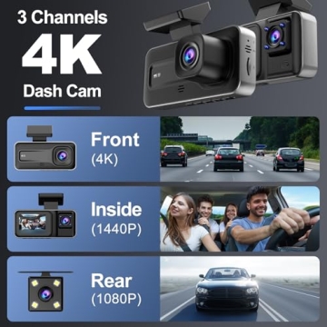 3 Channel 4K Dash Cam with 5GHz WiFi & APP Control, 4K+1080P+1440P Dash Cam Front and Rear Inside wi...
