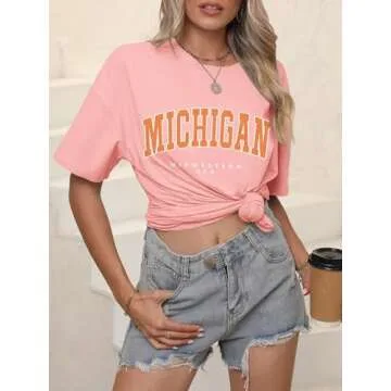 Women’s Casual Letter Graphic Print Short Sleeve Tunic Tops Round Neck Loose Tee Oversized Drop Shoulder Longline T Shirts