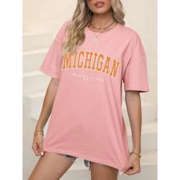 Women’s Casual Letter Graphic Print Short Sleeve Tunic Tops Round Neck Loose Tee Oversized Drop Shoulder Longline T Shirts