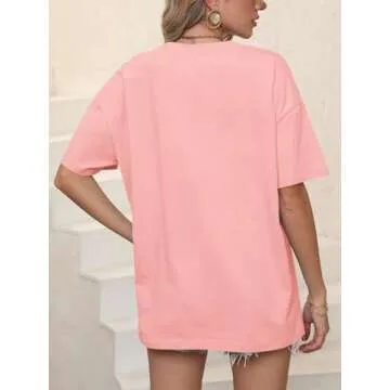 Women’s Casual Letter Graphic Print Short Sleeve Tunic Tops Round Neck Loose Tee Oversized Drop Shoulder Longline T Shirts