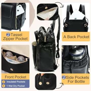miss fong Diaper Bag Backpack Baby Diaper Bag, Leather Diaper Bag Backpack Diaper Bag Purse with 13 Pockets Diaper Bag Organizer, Changing Pad, Stroller Straps,4 Insulated Pockets （Black）