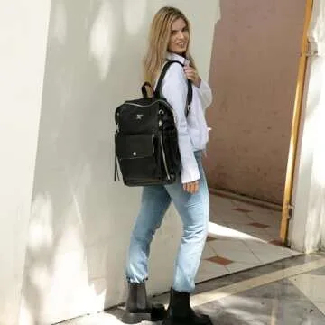 miss fong Diaper Bag Backpack Baby Diaper Bag, Leather Diaper Bag Backpack Diaper Bag Purse with 13 Pockets Diaper Bag Organizer, Changing Pad, Stroller Straps,4 Insulated Pockets （Black）