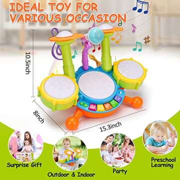 Baby Drums Set Toys 6-12-18 Months Musical Toy with 2 Sticks Microphone Toy for 1 2 Year Old Birthday Gifts Music Instrument Learning Ages 0-2 1-3 Toys for One Year Old Boys