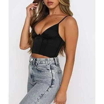 MISSACTIVER Women Sexy Corset Crop Top Push Up Bustier Satin Spaghetti Straps Solid Color Bodice Sexy Slim fit Top(Small,Black)