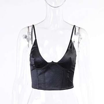 MISSACTIVER Women Sexy Corset Crop Top Push Up Bustier Satin Spaghetti Straps Solid Color Bodice Sexy Slim fit Top(Small,Black)
