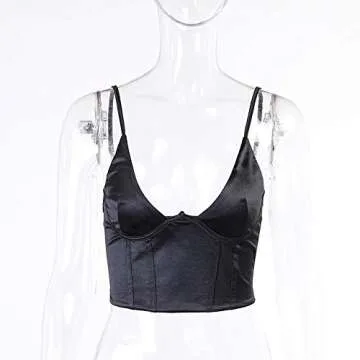 MISSACTIVER Women Sexy Corset Crop Top Push Up Bustier Satin Spaghetti Straps Solid Color Bodice Sexy Slim fit Top(Small,Black)