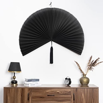 KOLWOVEN Rustic Fan Wall Decor - Bedroom Wall Decor Above Bed - Headboard, Wall Pediment, Mantle, Fireplace Decor - Giant Bamboo Fan - Wall Art Home Decoration (Extra Large 47''x24'', Black)