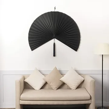 KOLWOVEN Rustic Fan Wall Decor - Bedroom Wall Decor Above Bed - Headboard, Wall Pediment, Mantle, Fireplace Decor - Giant Bamboo Fan - Wall Art Home Decoration (Extra Large 47''x24'', Black)