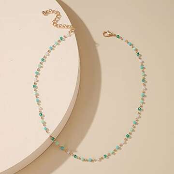 Asphinien Bohemian Beaded Choker Necklace Dainty Green Cubic Crystal Necklace Boho Summer Beach Jewe...