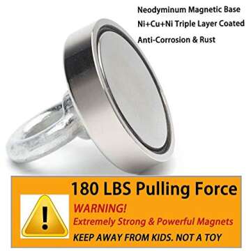 EVISWIY Strong Fishing Magnets Neodymium Rare Earth 180 LBS for Treasure Hunting Retrieving Salvage with 2 PCS Cup Hooks Dia. 48MM 1.89" Heavy Duty Magnetic Hooks for Hanging