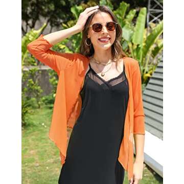 Aiboria Womens 3/4 Sleeve Sheer Mesh Shrug Tie Front Cropped Bolero Cardigan Orange Small