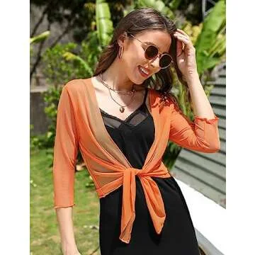 Aiboria Womens 3/4 Sleeve Sheer Mesh Shrug Tie Front Cropped Bolero Cardigan Orange Small