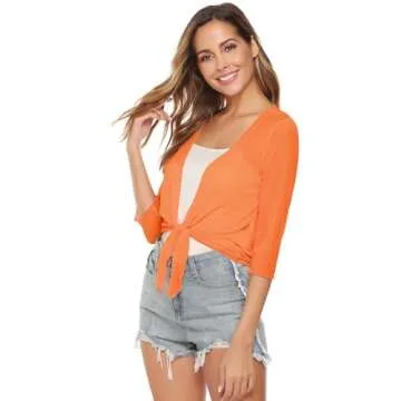 Aiboria Womens 3/4 Sleeve Sheer Mesh Shrug Tie Front Cropped Bolero Cardigan Orange Small
