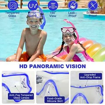 AosDero Kids Snorkeling Set Adjustable Swimming Kids Flippers+Panoramic Snorkel Mask+ Dry Snorkel Tu...