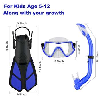 AosDero Kids Snorkeling Set Adjustable Swimming Kids Flippers+Panoramic Snorkel Mask+ Dry Snorkel Tube+ Travel Bags Suitable Snorkeling Gear for Kids,Juniors,Age 5-14