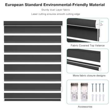 Changshade Custom Size Zebra Roller Shades, Blackout(85%) Dual Layer Roller Blinds with Thermal Insulated for Office,Living Room,Bedroom,Bathroom,Easy Installation, Black