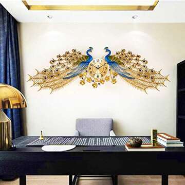 QIAOXIAOFEI-Clock Crystal Double-Headed Peacock Wall Clock,Creative Personality Art Decoration Wall Clock Large，Crystal Wall Clock Luxury Living Room Clock (145×75cm)