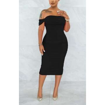 Women's Sexy Off Shoulder Sleeveless Bodycon Ruched Midi Elegant Cocktail Evening Party Night Tube D...