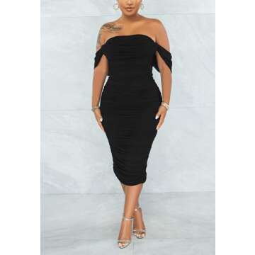Women's Sexy Off Shoulder Sleeveless Bodycon Ruched Midi Elegant Cocktail Evening Party Night Tube Dresses