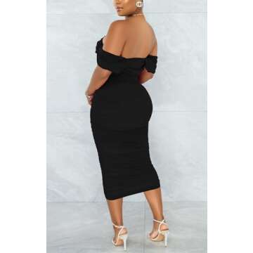 Women's Sexy Off Shoulder Sleeveless Bodycon Ruched Midi Elegant Cocktail Evening Party Night Tube Dresses