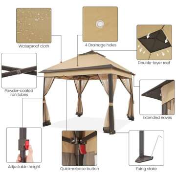 Yaheetech 11x11 Pop Up Gazebo Outdoor Canopy Shelter, Instant Patio Gazebo Sun Shade Canopy Tent with 4 Sandbags, Double Tiers & Mesh Netting for Lawn, Garden, Backyard & Deck, Khaki