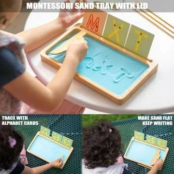 AtMini Sand Tray for Classroom Montessori Sand Tray with Lid Wooden Sand Trays for Kids Writing Letters and Numbers (Blue)