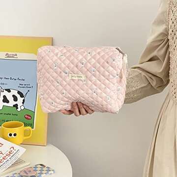 Juoxeepy Cotton Makeup Bag Large Travel Cosmetic Bag Quilted Cosmetic Pouch Coquette Aesthetic Flora...