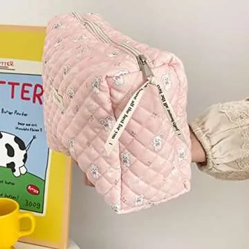 Juoxeepy Cotton Makeup Bag Large Travel Cosmetic Bag Quilted Cosmetic Pouch Coquette Aesthetic Floral Toiletry Bag