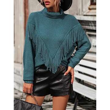 Trendy Hathne Women's Turtleneck Fringe Sweater Tops