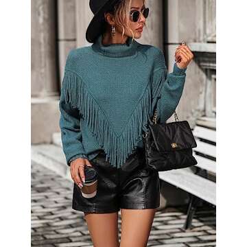 Trendy Hathne Women's Turtleneck Fringe Sweater Tops