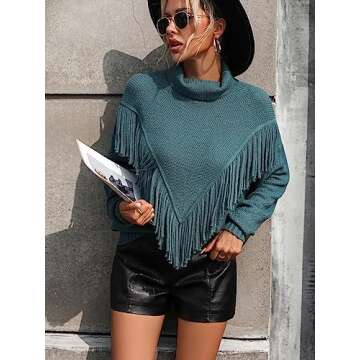 Trendy Hathne Women's Turtleneck Fringe Sweater Tops