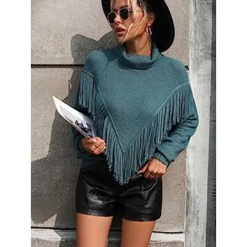 Trendy Hathne Women's Turtleneck Fringe Sweater Tops