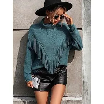 Trendy Hathne Women's Turtleneck Fringe Sweater Tops