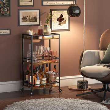 Lifewit Bar Cart for The Home, 3 Tier Small Rolling Wine Cart, Drink Serving Cart with Lockable Wheels, Mini Liquor Utility Cart for Kitchen Dining Living Room, 17" x 11.8" x 32.1", Rustic Brown