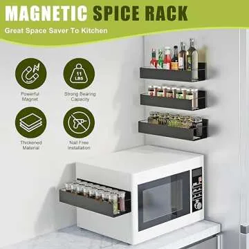 Hoenart 4 Pack Magnetic Spice Rack for Refrigerator, Moveable Magnetic Spice Organizer, Black Metal ...