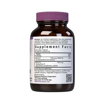 Bluebonnet Nutrition Vitamin D3 & K2, Soy-Free, for Strong-Healthy Bones*, Gluten-Free, Non-GMO, Dairy-Free, Kosher Certified, Vegetarian, 60 Vegetable Capsules, 60 Servings