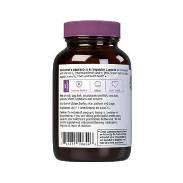 Bluebonnet Nutrition Vitamin D3 & K2, Soy-Free, for Strong-Healthy Bones*, Gluten-Free, Non-GMO, Dairy-Free, Kosher Certified, Vegetarian, 60 Vegetable Capsules, 60 Servings