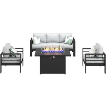 LayinSun Aluminum Furniture Set with Fire Pit Table, 4 Pieces Patio Sectional Conversation Chat Sofa...