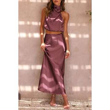 PRETTYGARDEN Women's 2 Piece Satin Outfits Summer Sleeveless Mock Neck Crop Tops and Long Skirt Dress Sets (Brick Red,Small)